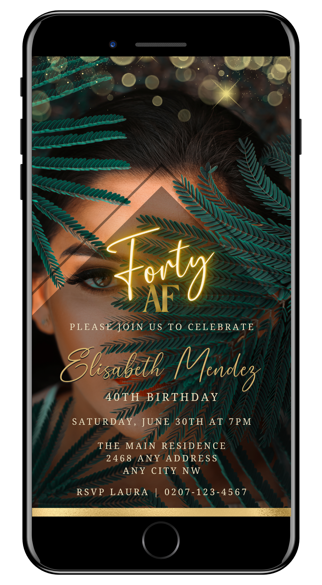Customizable Digital Photo Background Gold | 40AF Birthday Evite displayed on a smartphone screen, featuring a woman's face with leafy elements.