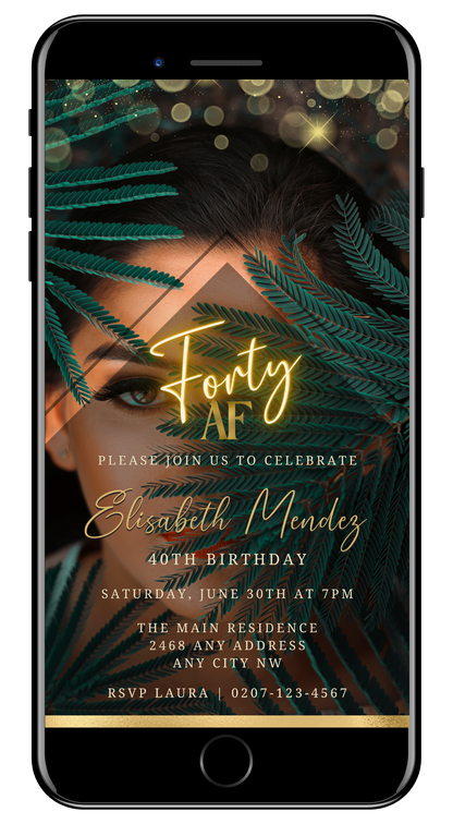 Customizable Digital Photo Background Gold | 40AF Birthday Evite displayed on a smartphone screen, featuring a woman's face with leafy elements.