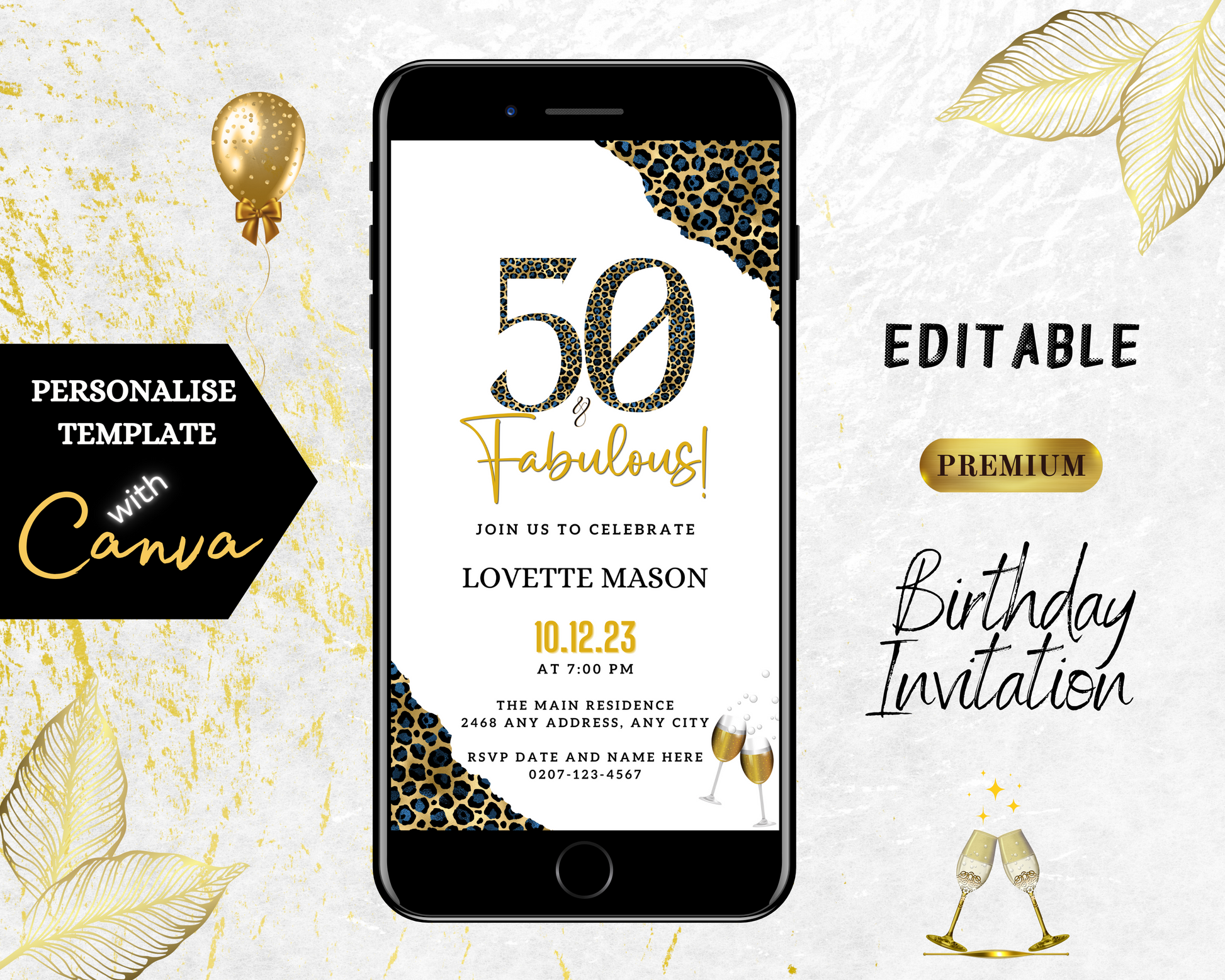 Customizable Blue Gold Leopard 50 & Fabulous Party Evite displayed on a smartphone screen, ready for personalization and digital sharing via Canva.