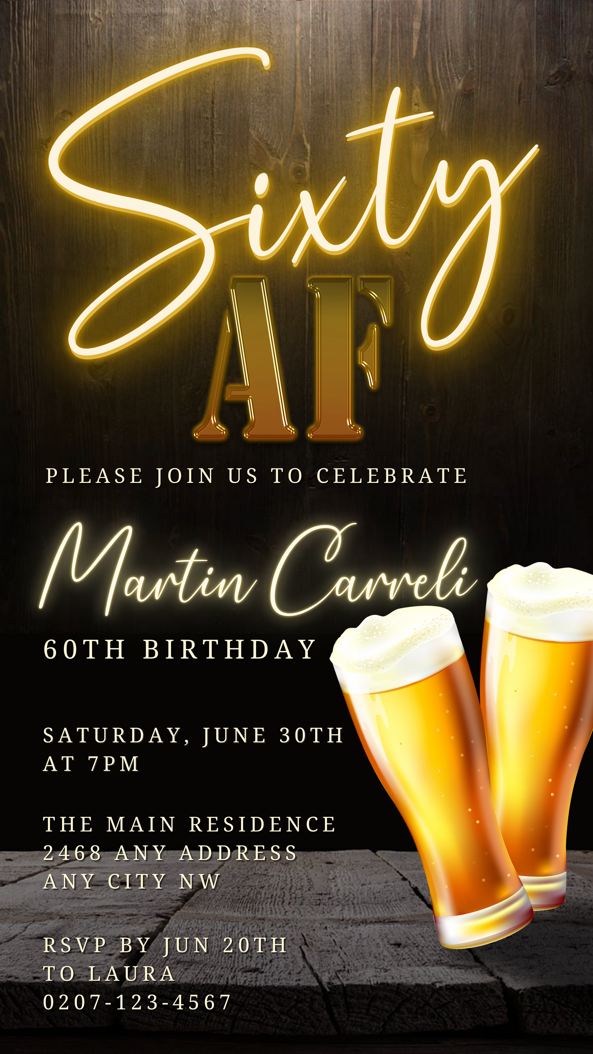 Digital Black Gold Neon Beer | 60AF Birthday Evite showcasing beer glasses and customizable invitation text for birthday parties.