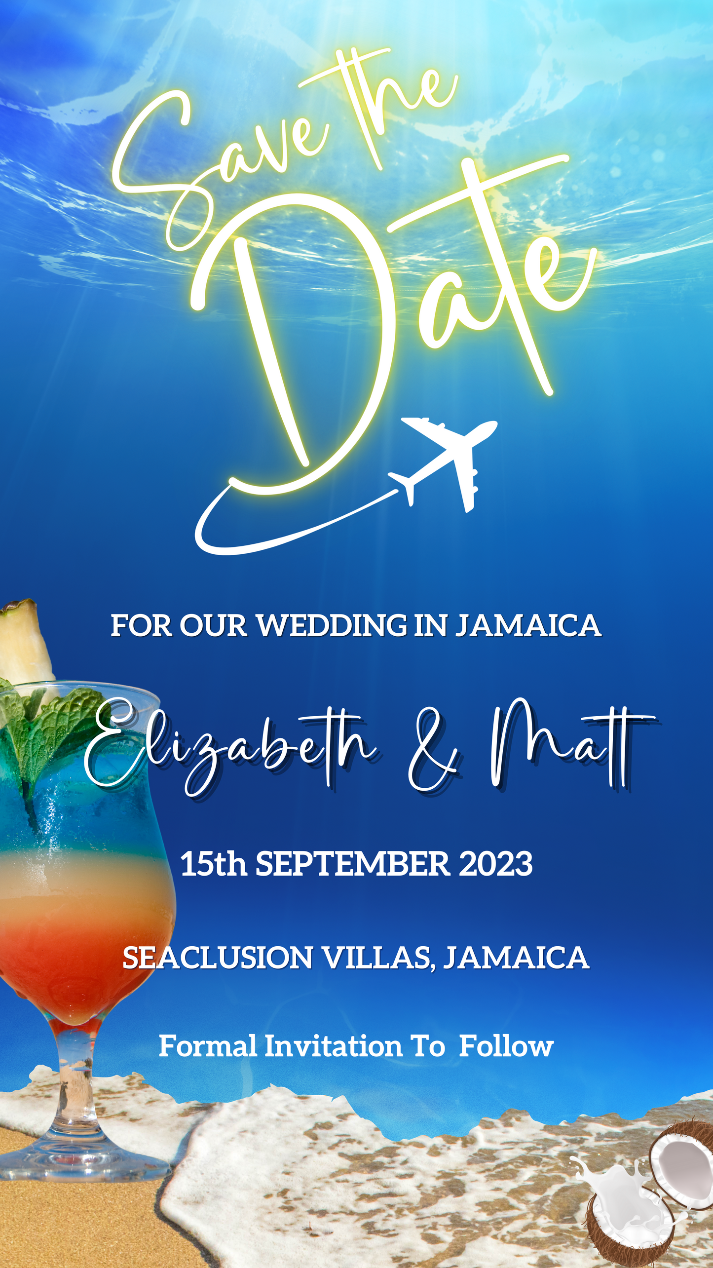Blue Ocean Beach Destination | Save The Date Wedding Evite featuring a colorful drink and editable text on a digital card template.