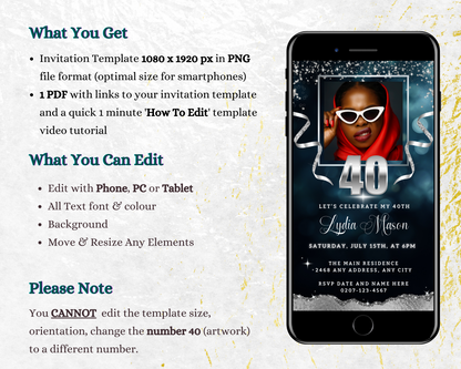 Cell phone displaying a customisable Navy Silver Glitter 40th Birthday Evite with a woman in a red head scarf and white sunglasses.