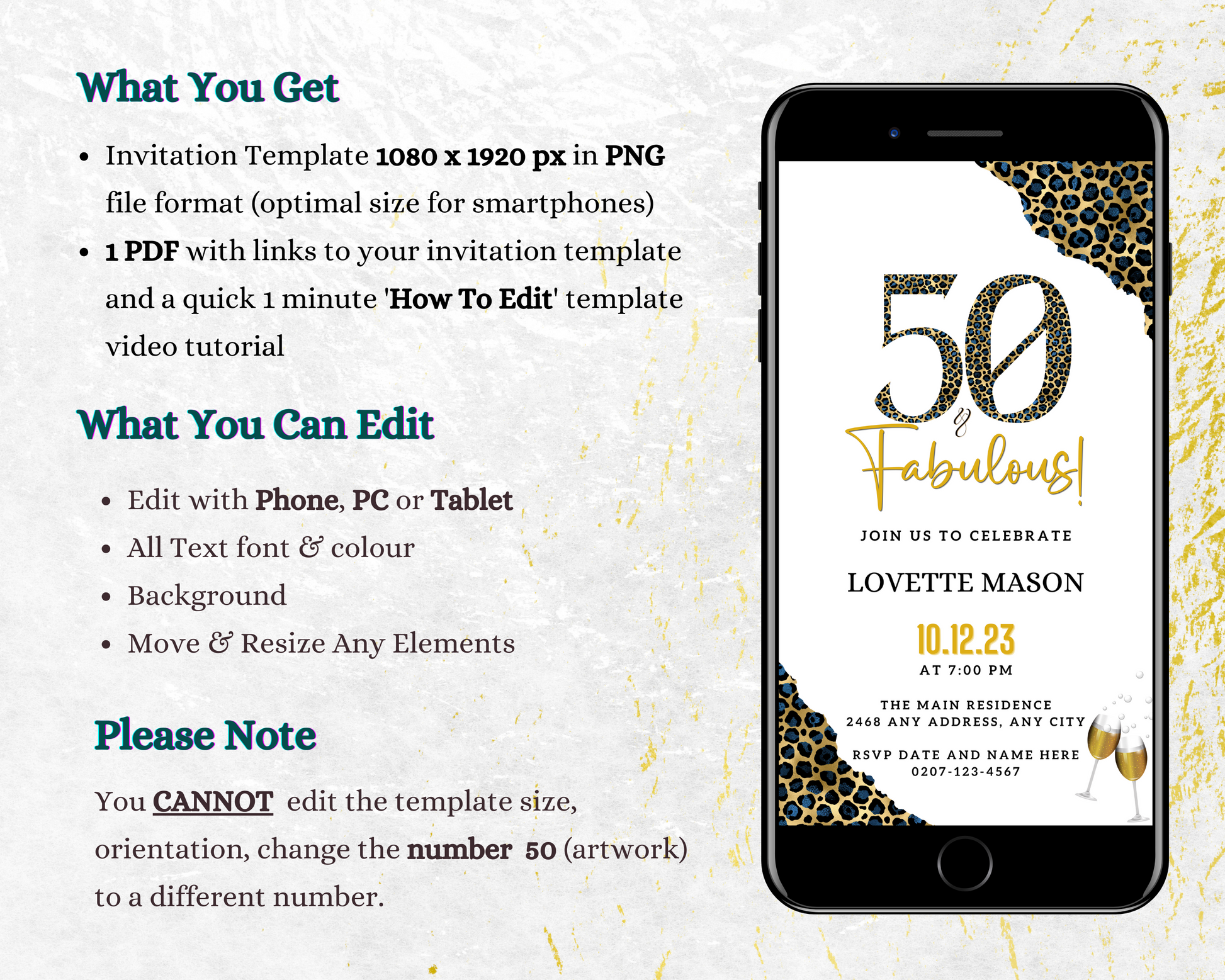 Customizable Blue Gold Leopard | 50 & Fabulous Party Evite displayed on a smartphone screen, showcasing editable text and design elements for digital invitations.