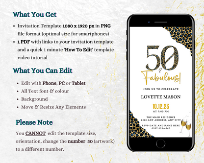 Customizable Blue Gold Leopard | 50 & Fabulous Party Evite displayed on a smartphone screen, showcasing editable text and design elements for digital invitations.