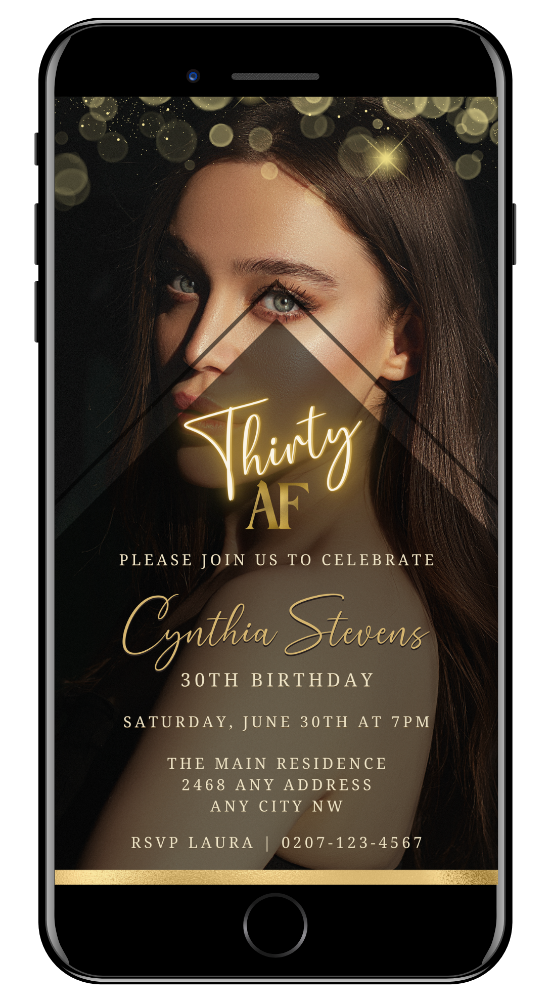 A customizable digital photo background for a 30th birthday evite, showing a woman's face on a smartphone screen, easily editable via Canva.