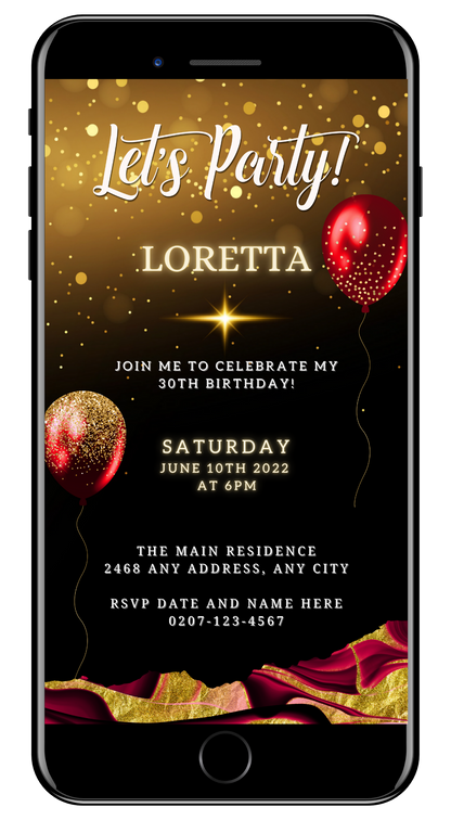 Customizable Digital Burgundy Gold Ankara Balloons Party Evite displayed on a smartphone, featuring editable text and design elements for easy personalization using Canva.