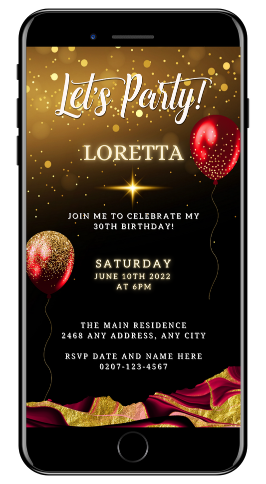 Customizable Digital Burgundy Gold Ankara Balloons Party Evite displayed on a smartphone, featuring editable text and design elements for easy personalization using Canva.