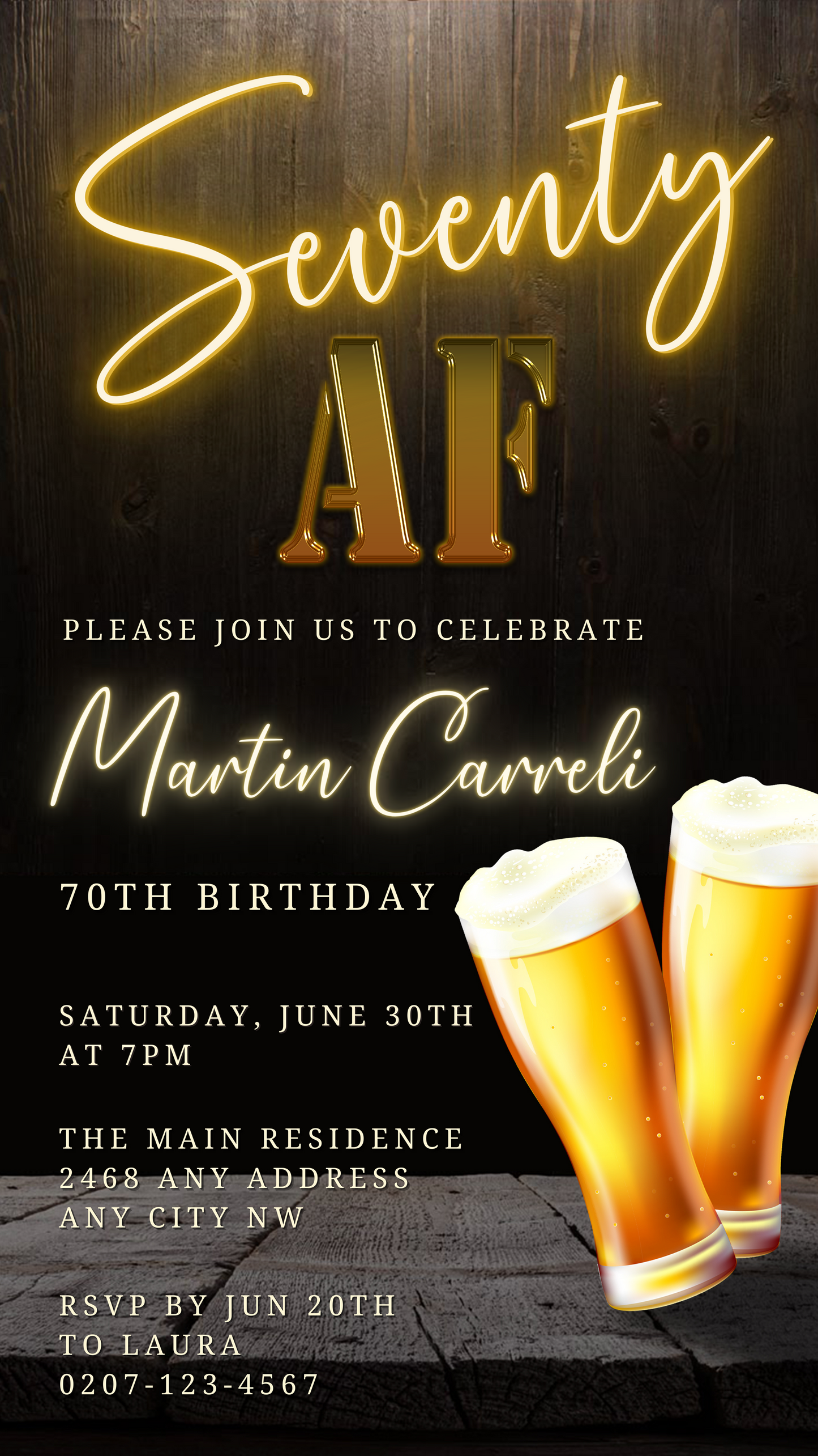 Customizable Black Gold Neon Beer Birthday Evite with neon sign and beer glasses, editable via Canva for digital sharing.