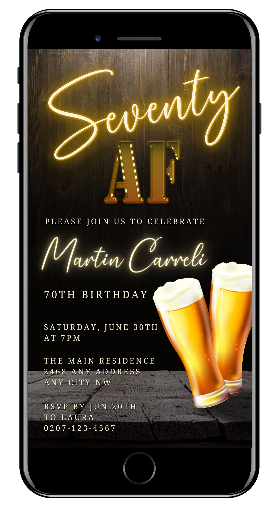 Digital Black Gold Neon Beer | 70AF Birthday Evite showing a phone screen with two beer glasses, customizable via Canva for easy electronic sharing.