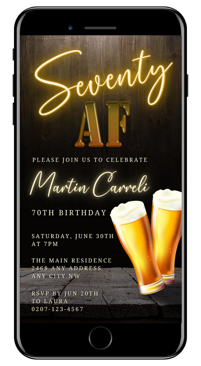 Digital Black Gold Neon Beer | 70AF Birthday Evite showing a phone screen with two beer glasses, customizable via Canva for easy electronic sharing.