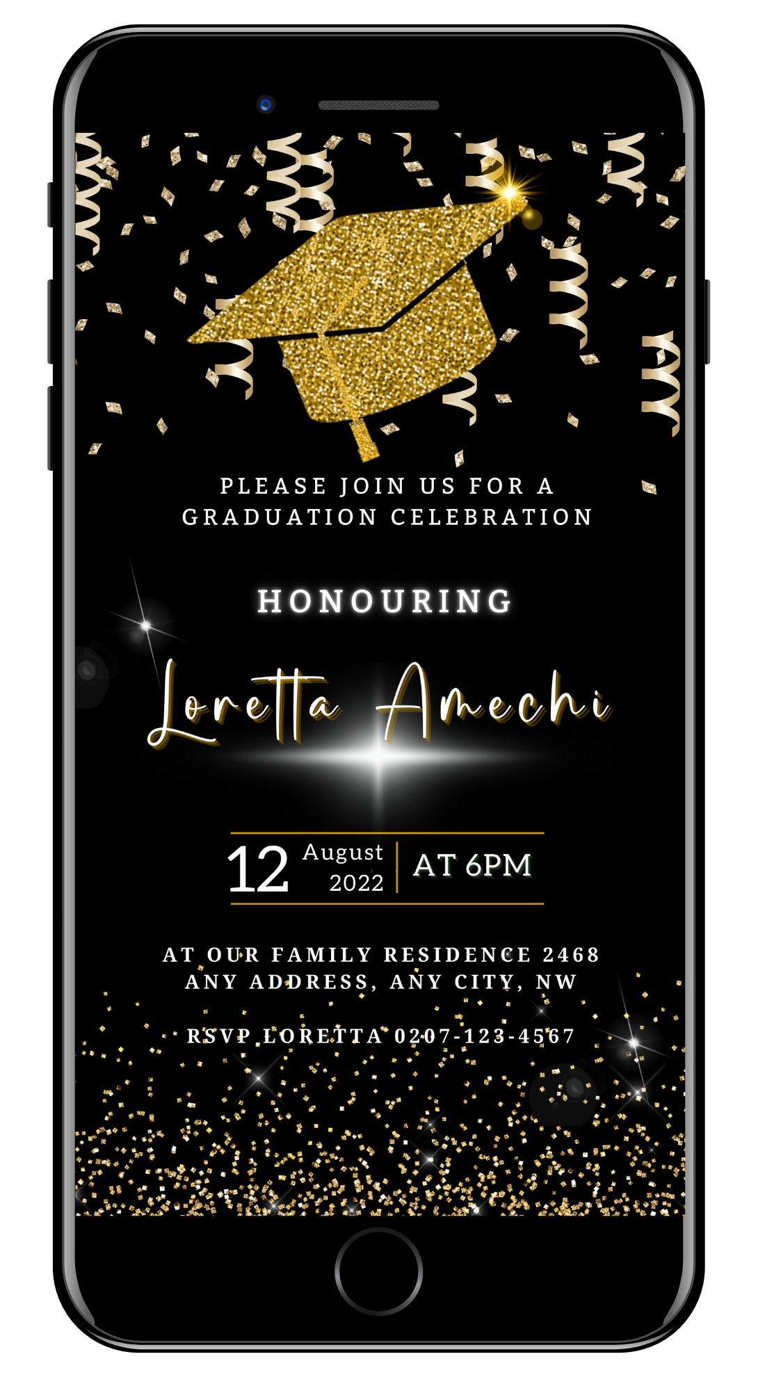 Black & Gold Graduation Invitation featuring a glitter cap design, sleek typography, and confetti accents, customizable in Canva for digital sharing.