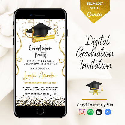 Gold & Black Digital Graduation Party Invitation featuring a smartphone with a graduation cap and confetti, customizable via Canva for digital sharing.