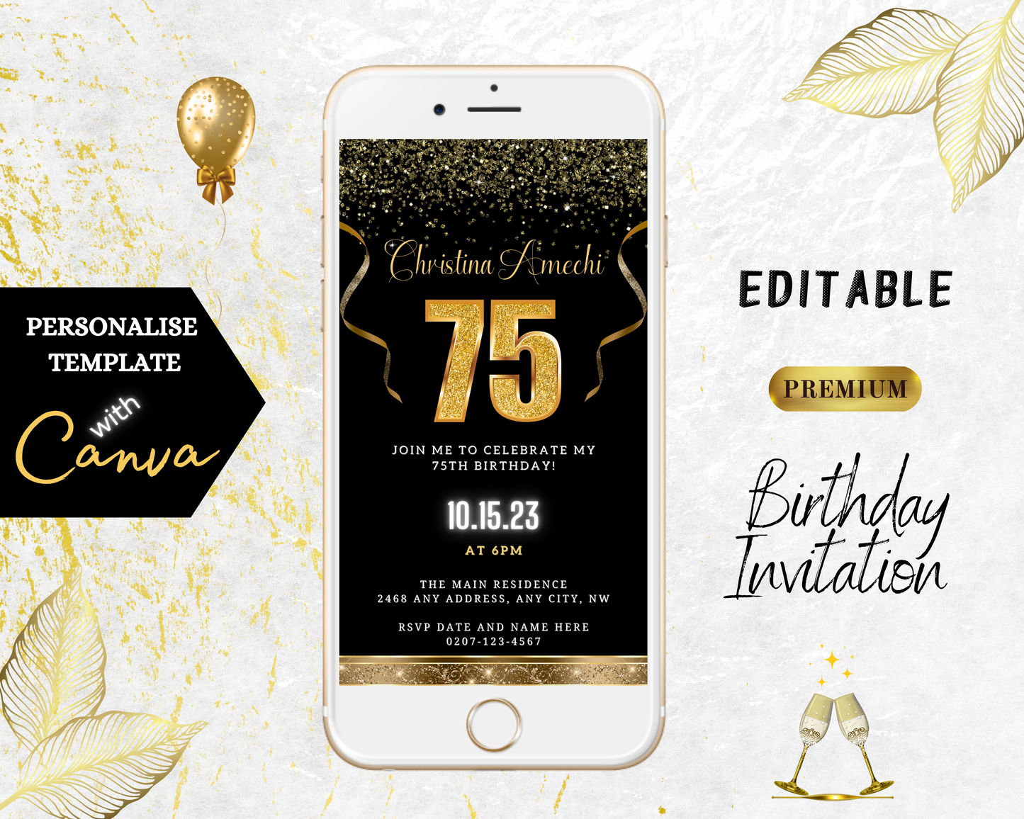 Customizable Digital Black Gold Confetti 75th Birthday Evite displayed on a white smartphone screen with gold text and celebratory balloons in the background.