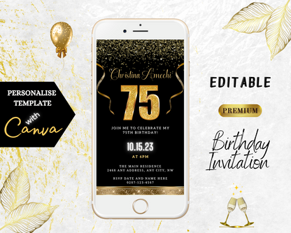 Customizable Digital Black Gold Confetti 75th Birthday Evite displayed on a white smartphone screen with gold text and celebratory balloons in the background.