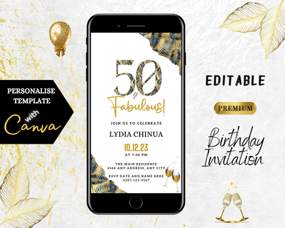 Gold Blue Tropical | 50 & Fabulous Party Evite displayed on a smartphone with a gold and black design, customizable via Canva for easy personalization and electronic sharing.