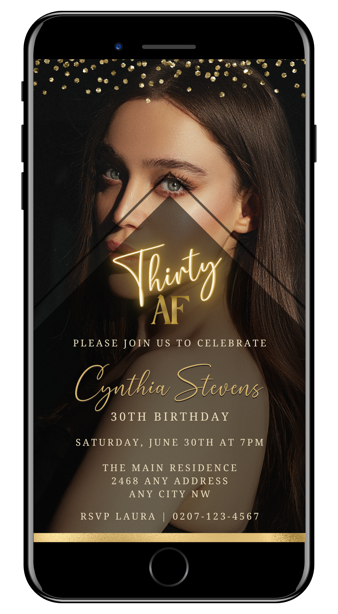 Woman's face displayed on a smartphone screen, showcasing the customisable Photo Background Gold | 30AF Birthday Evite, a digital invitation template available for editing and sharing.