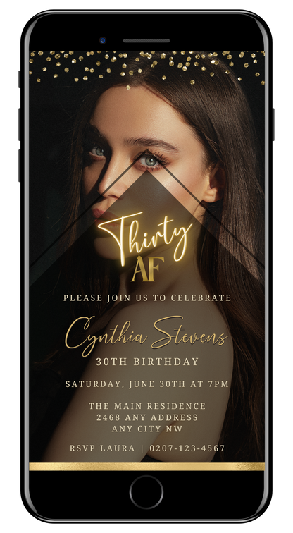 Woman's face displayed on a smartphone screen, showcasing the customisable Photo Background Gold | 30AF Birthday Evite, a digital invitation template available for editing and sharing.