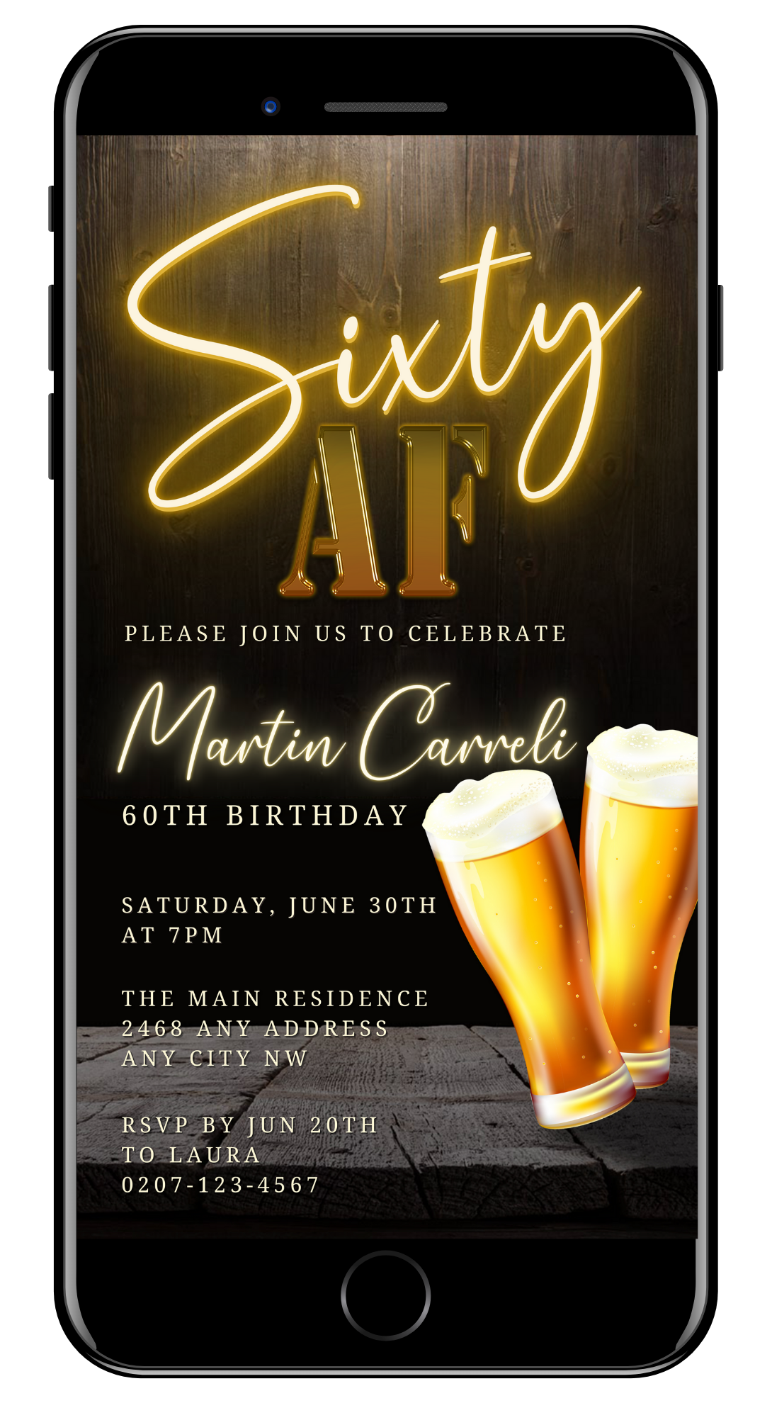 Customizable Digital Black Gold Neon Beer 60th Birthday Evite displayed on a smartphone screen, featuring two glasses of beer. Ideal for digital invitations via Canva.