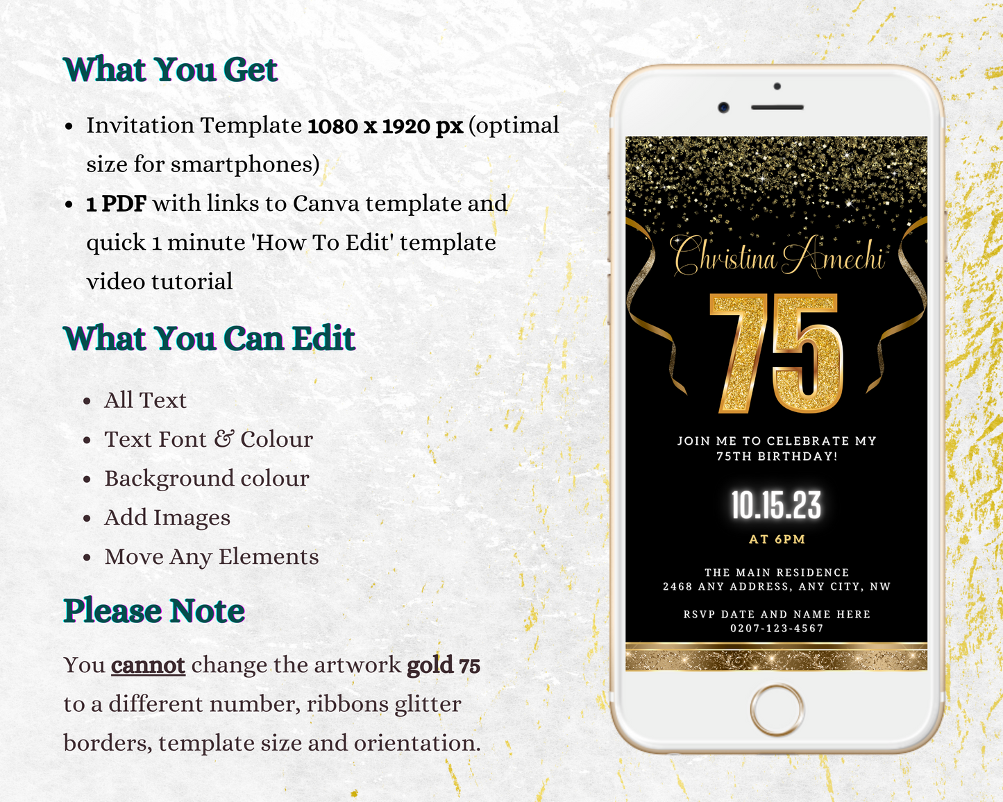 Black Gold Confetti | 75th Birthday Evite displayed on a smartphone screen, showcasing customizable text and design elements for a digital invitation template.