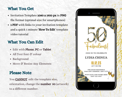 Cellphone displaying a customizable Gold Blue Tropical | 50 & Fabulous Party digital evite template with editable text and gold-blue design.