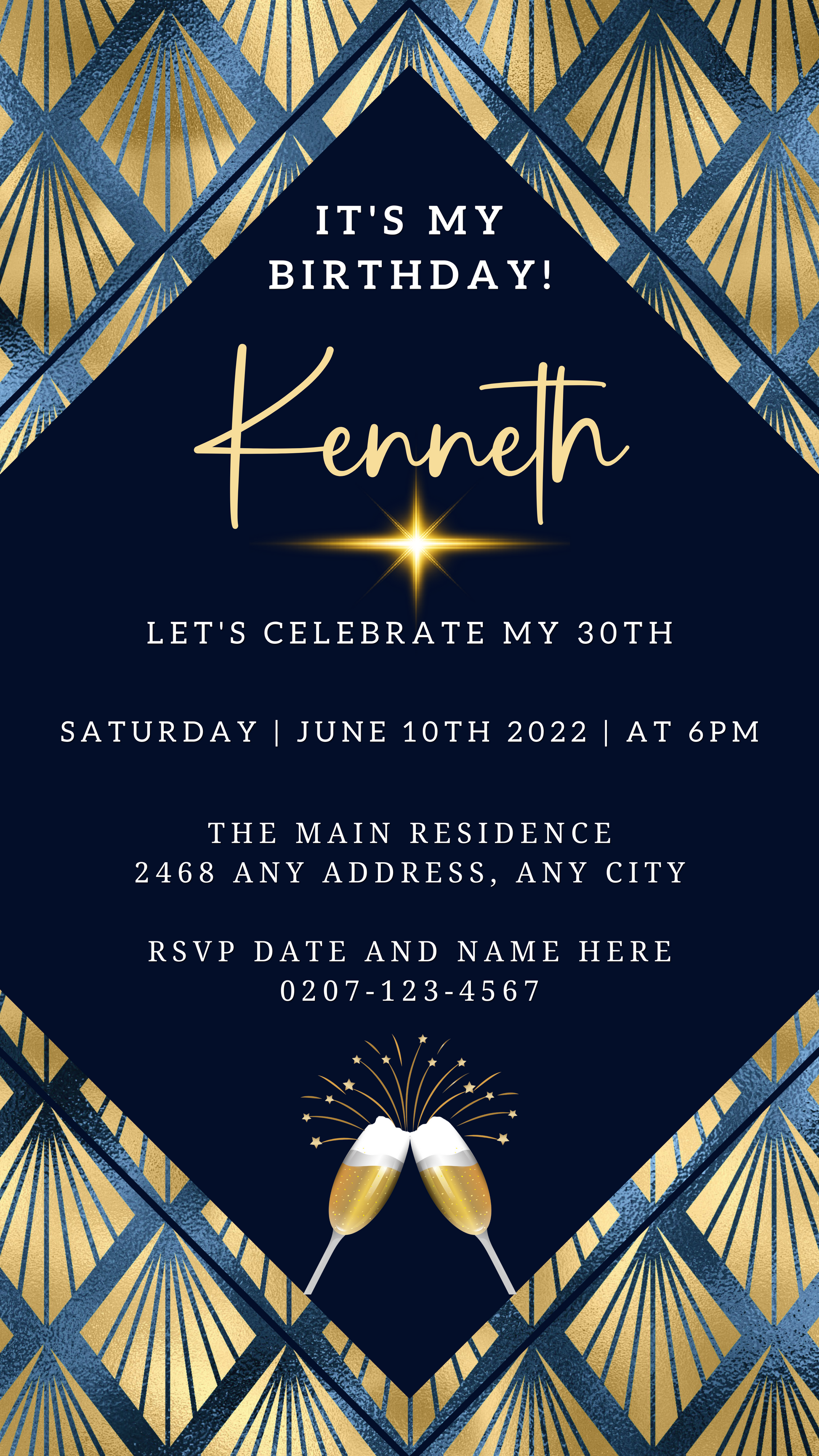 Gold Blue Diamond Art Birthday Party Evite featuring editable text and art deco design, customizable via Canva for easy digital sharing.