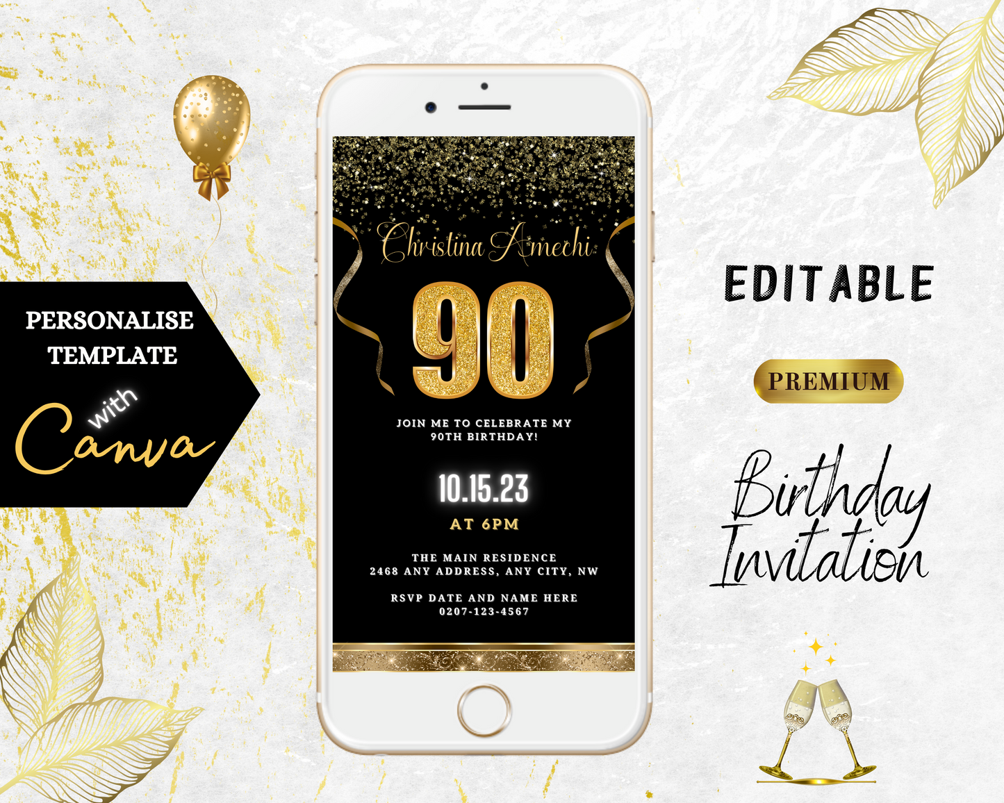 Customizable Black Gold Confetti 90th Birthday Evite displayed on a smartphone, featuring elegant gold text and festive balloons.