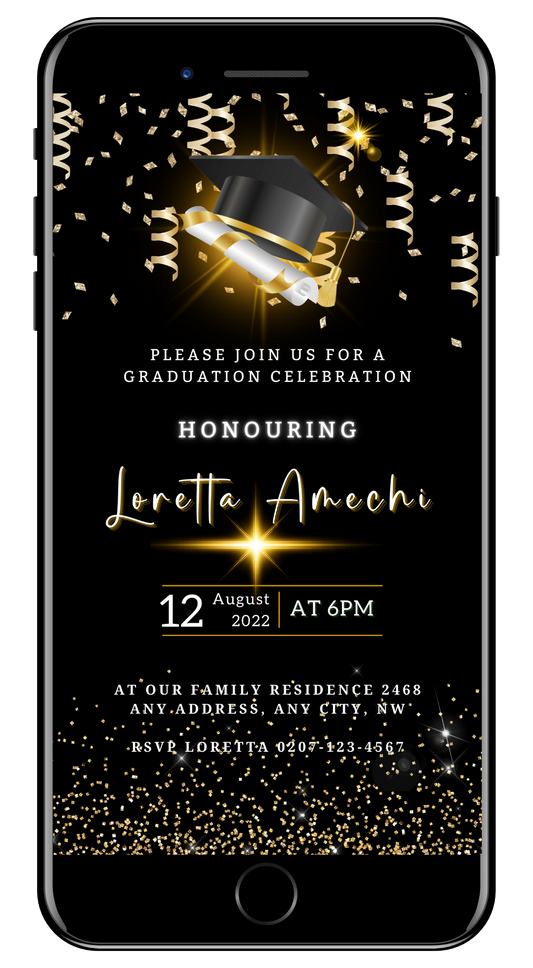 Black & Gold Graduation Invitation featuring a cap and diploma graphic, elegantly designed for customization and digital sharing via Canva.