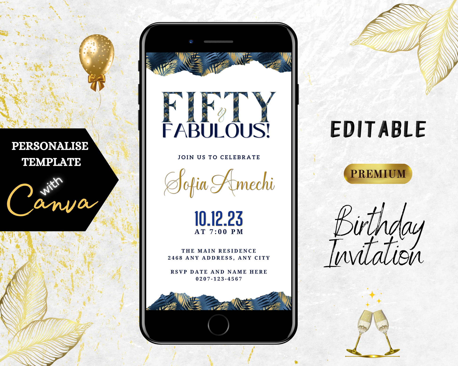 Customizable Digital Gold White Blue Tropical Fifty & Fabulous Party Evite displayed on a smartphone screen, showcasing editable text and design elements for personalization.