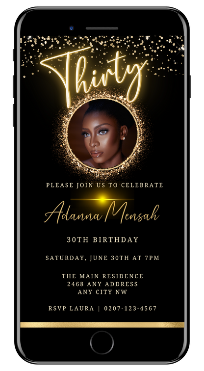 Digital invitation for a 30th birthday featuring a customizable Oval Gold Photo Frame Neon, displayed on a smartphone screen with a woman's face.