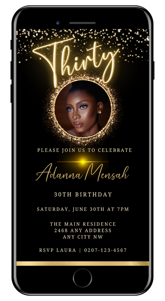 Digital invitation for a 30th birthday featuring a customizable Oval Gold Photo Frame Neon, displayed on a smartphone screen with a woman's face.