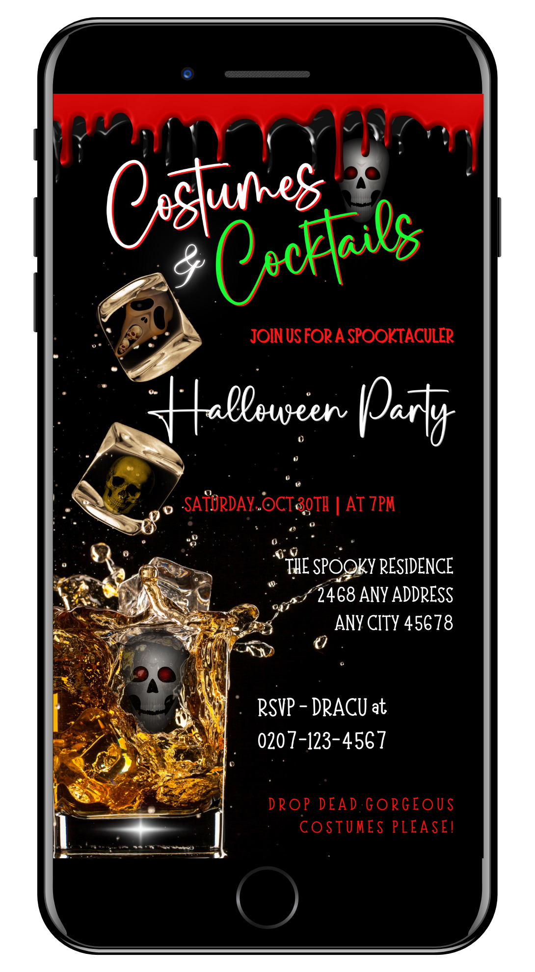 Cell phone screen displaying the Costumes & Cocktails Cubes Glass of Skulls | Halloween Party Evite template featuring skulls in ice cubes.
