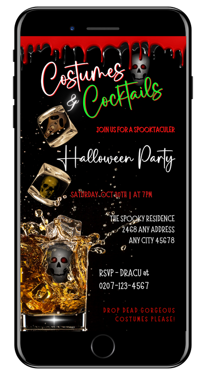 Cell phone screen displaying the Costumes & Cocktails Cubes Glass of Skulls | Halloween Party Evite template featuring skulls in ice cubes.