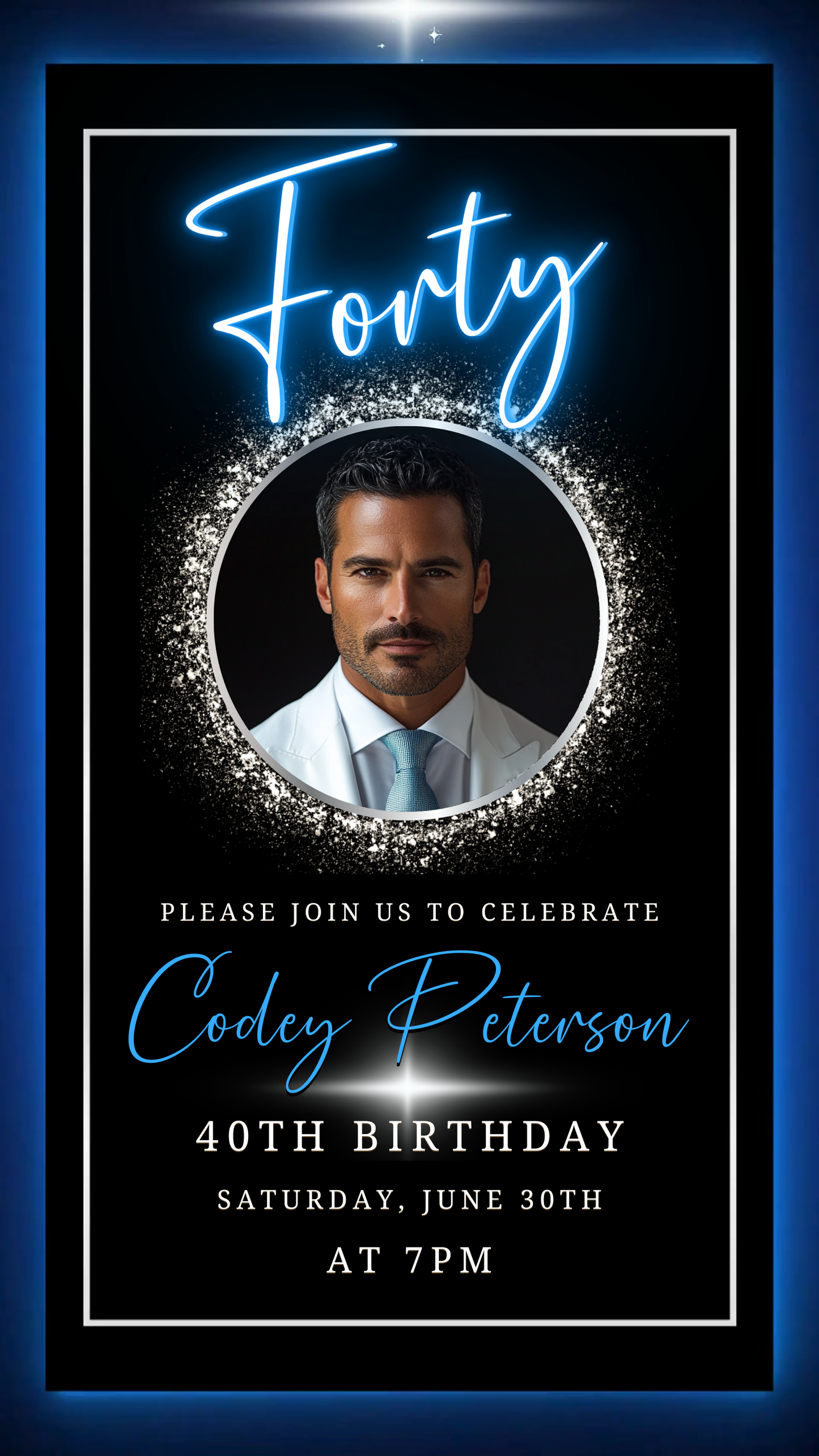 Man in white suit displays Blue & Silver 40th Birthday Video Invitation, featuring an elegant oval photo frame for a sophisticated birthday celebration.