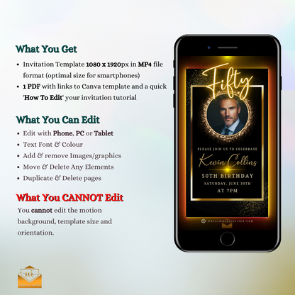 50th Birthday Video Invitation featuring a man's photo on a smartphone screen, with an elegant gold oval frame and sleek neon red and gold border.