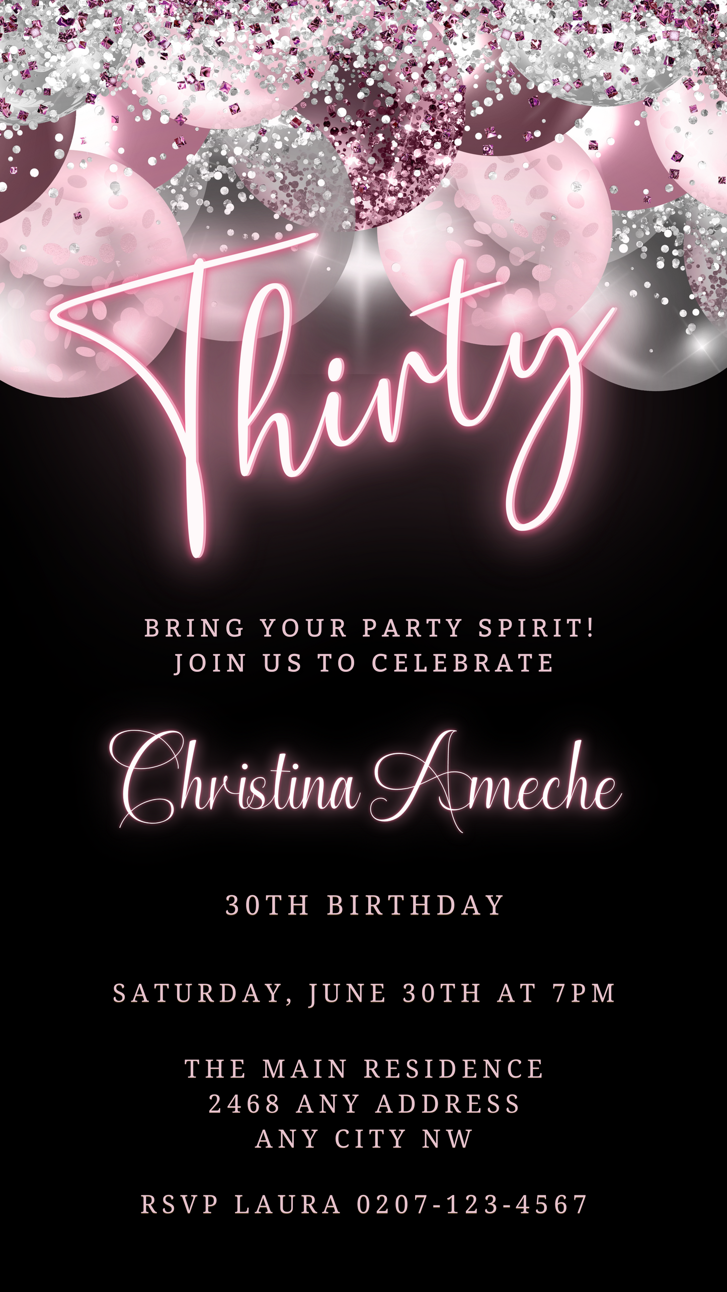 Customisable Mauve Pink Silver Neon 30AF Birthday Evite featuring black and pink design with balloons and lights, editable via Canva for easy sharing.