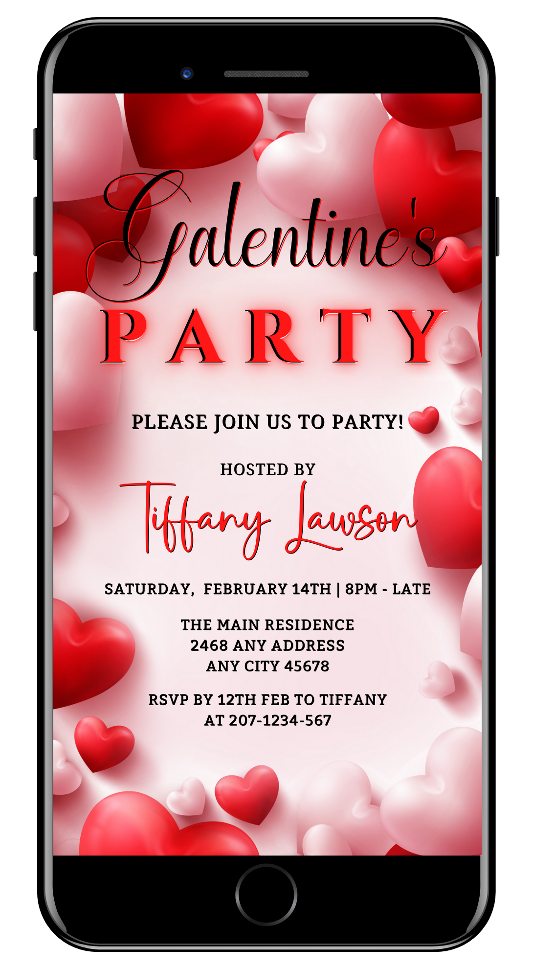 White Boarder Red Hearts Galentines Party Evite displayed on a smartphone screen, featuring editable text and easy customization via Canva.