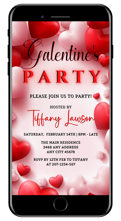 White Boarder Red Hearts Galentines Party Evite displayed on a smartphone screen, featuring editable text and easy customization via Canva.