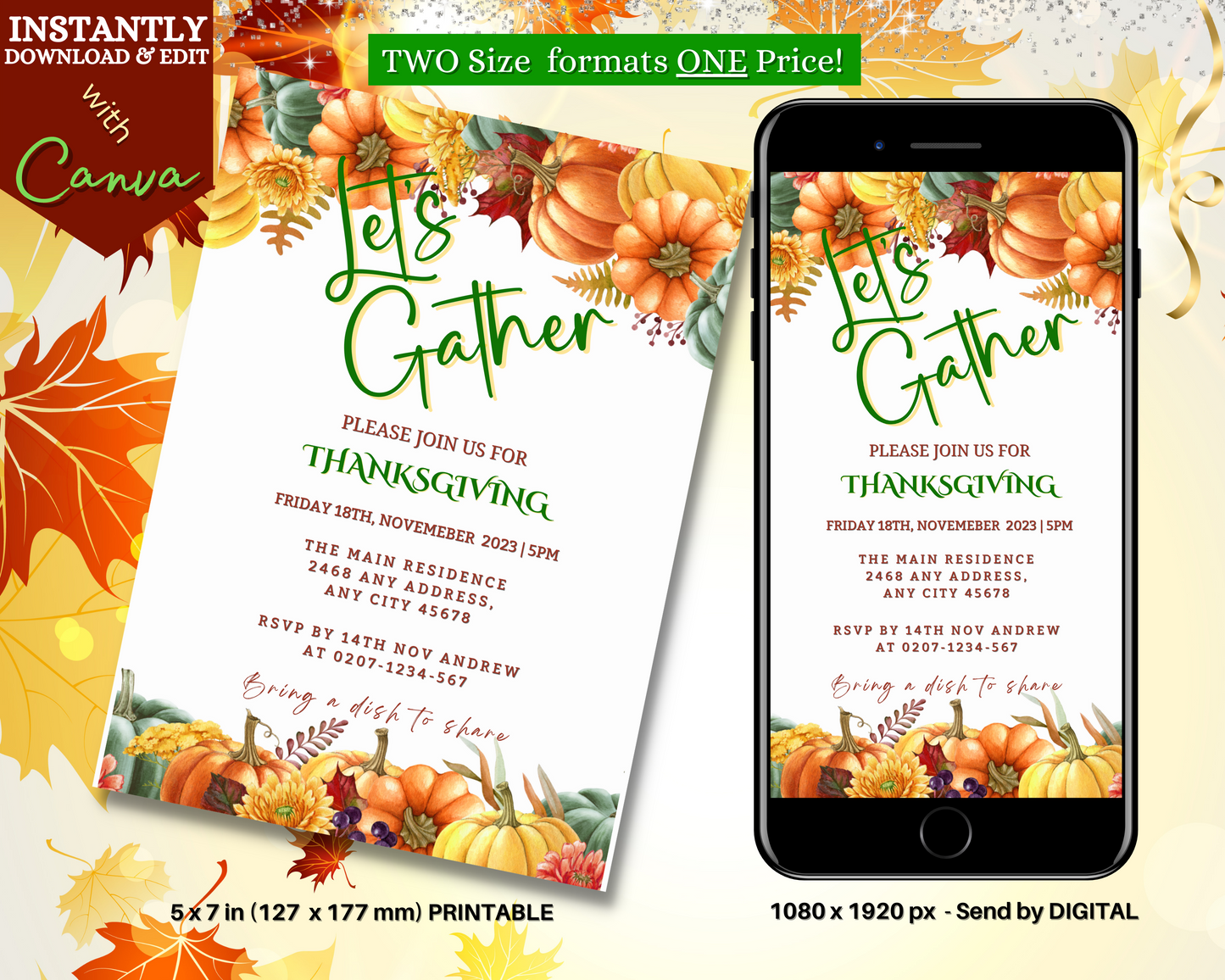 Cell phone displaying a Thanksgiving-themed digital invitation featuring colorful pumpkins and leaves with a Let's Gather message.