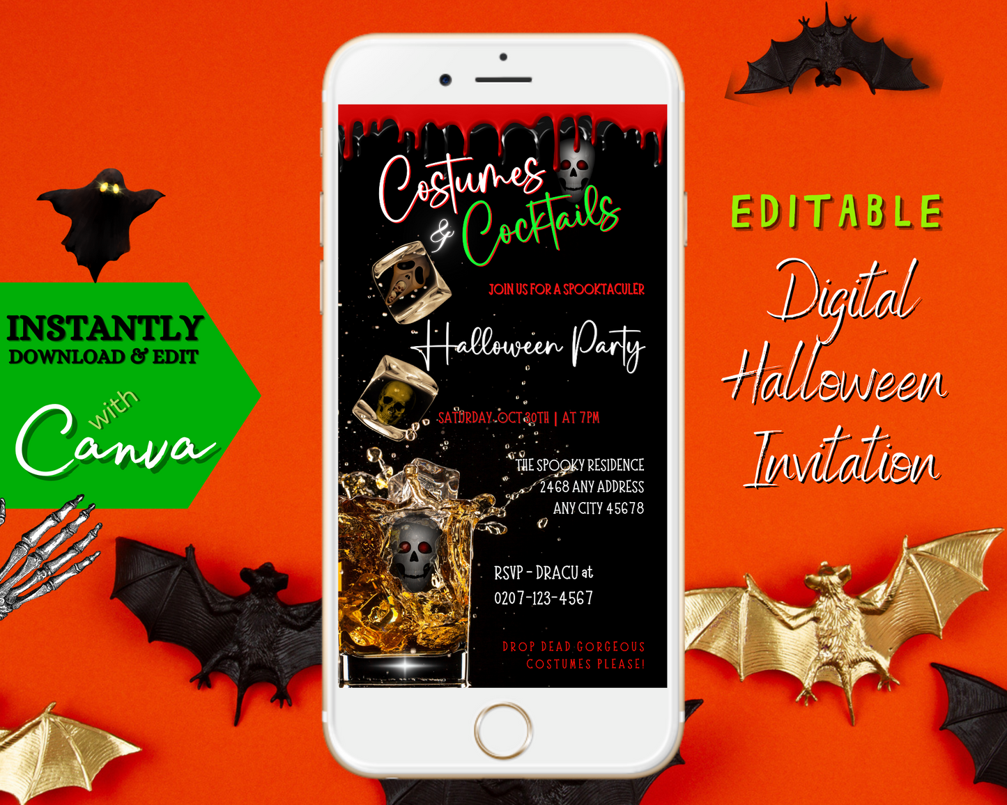 White mobile phone screen displaying customizable Halloween Party Evite titled Costumes & Cocktails Cubes Glass of Skulls with editable text and graphics.