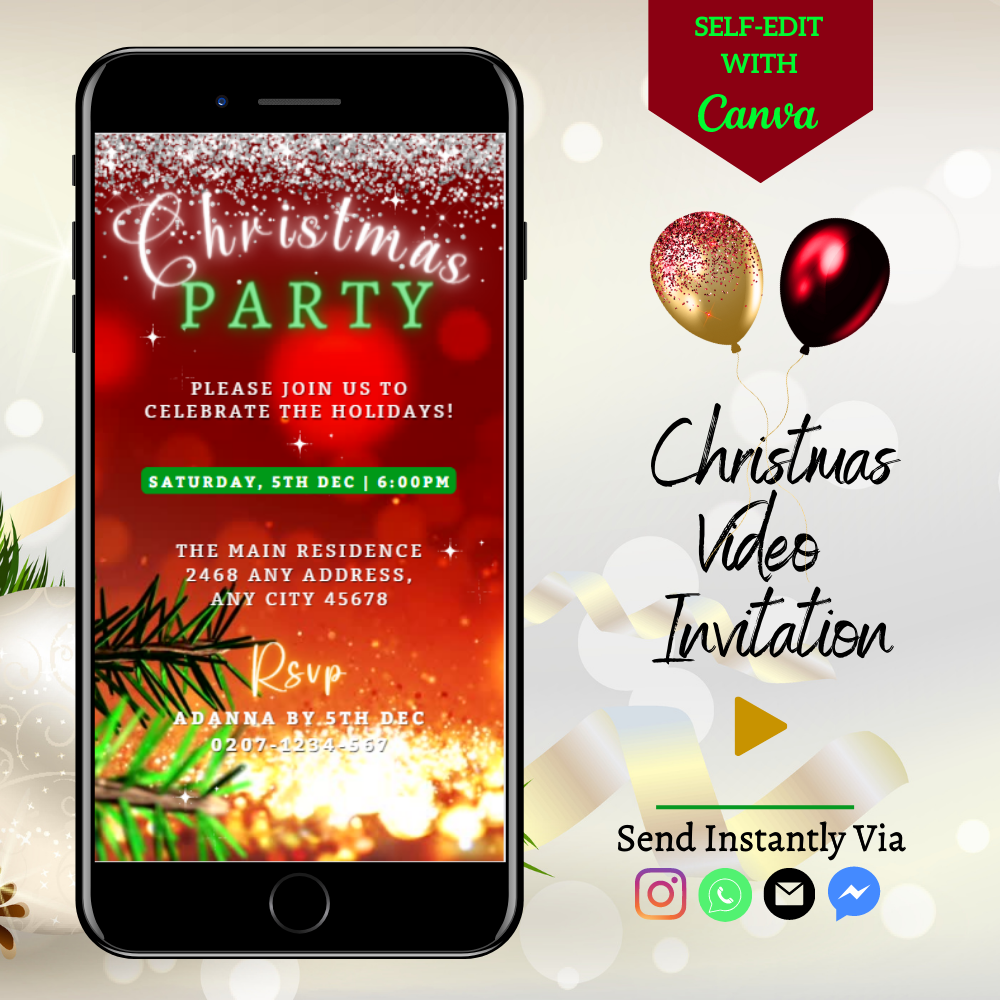 Red Gold Glitter Christmas Video Invitation displayed on a smartphone with balloons and decorative elements. Editable and download-ready for personalizing event details via Canva.