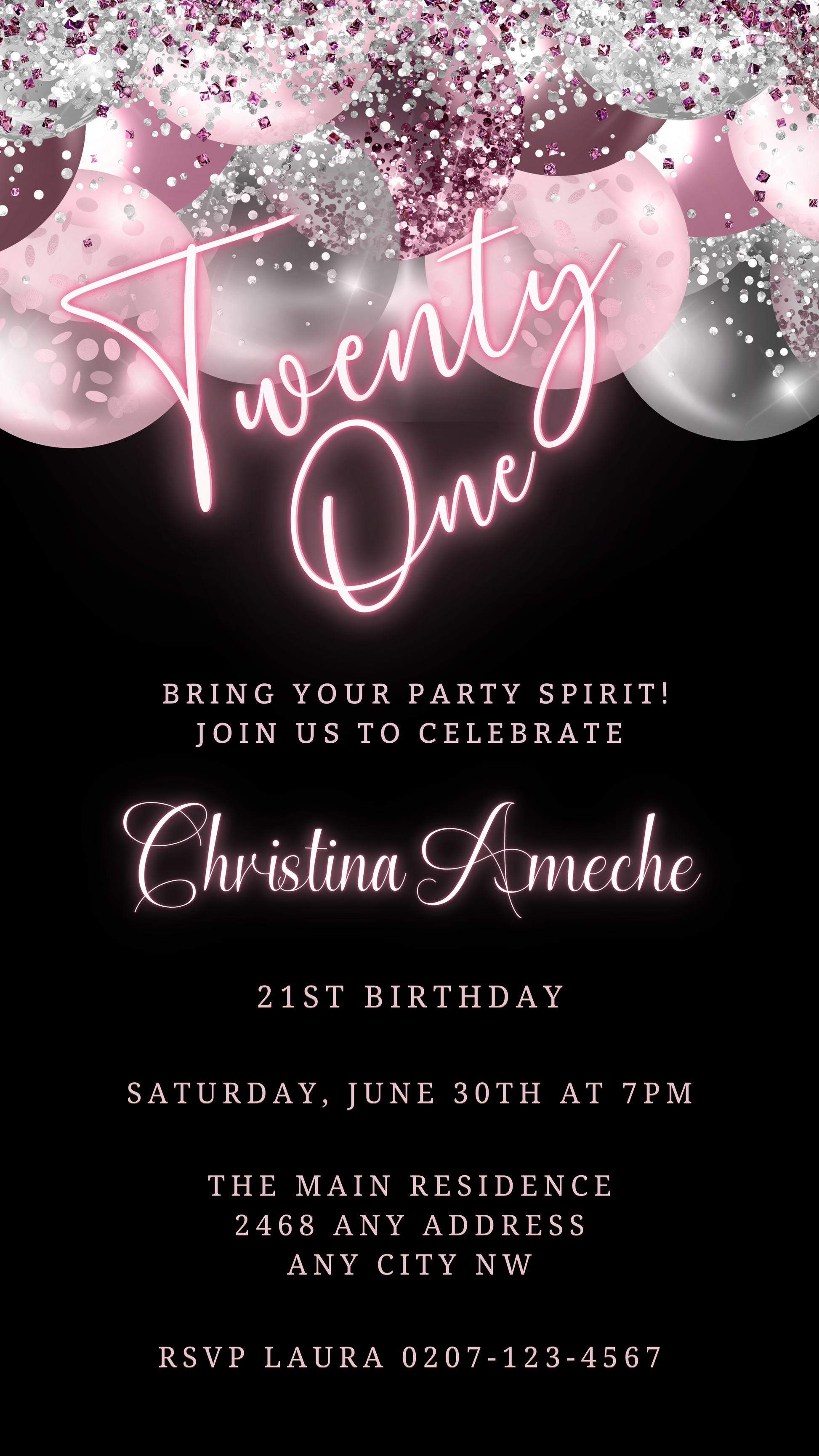 Mauve Pink Silver Neon | 21AF Birthday Evite featuring pink and white balloons, customizable text, and a black background with glitter accents.