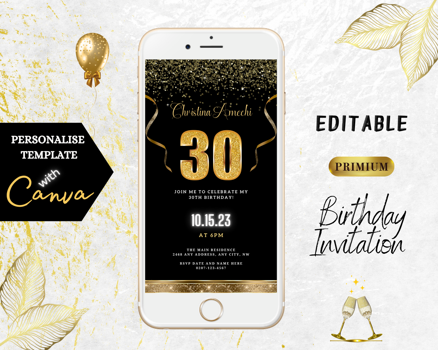 Customizable Black Gold Confetti 30th Birthday Evite displayed on a smartphone screen, featuring editable text and design elements.