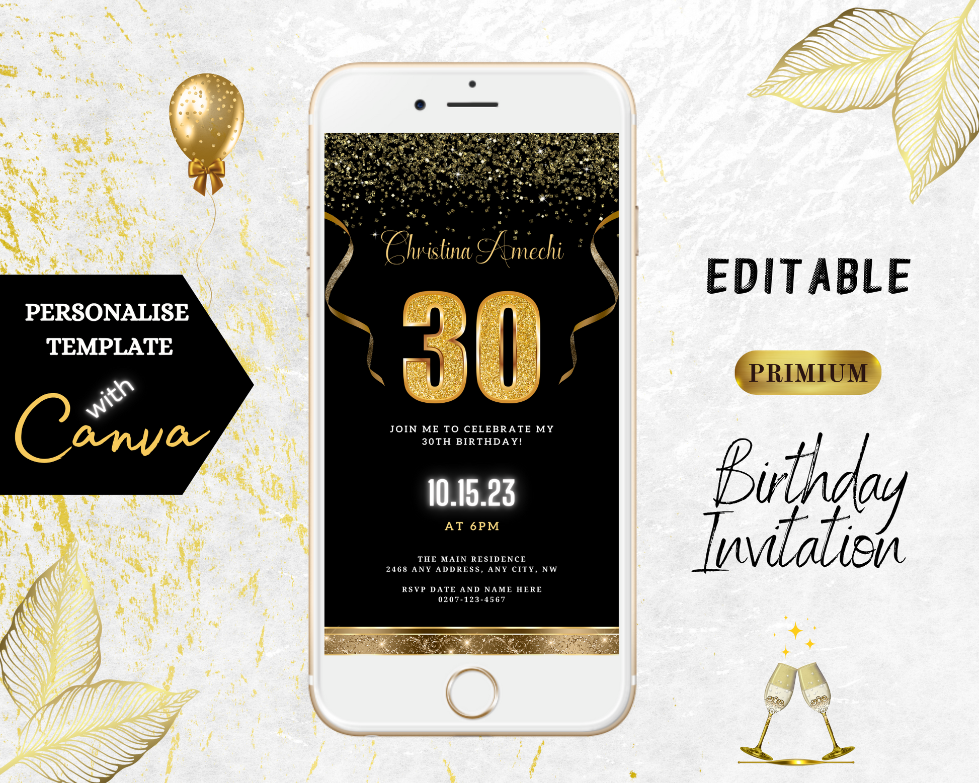 Customizable Black Gold Confetti 30th Birthday Evite displayed on a smartphone screen, featuring editable text and design elements.