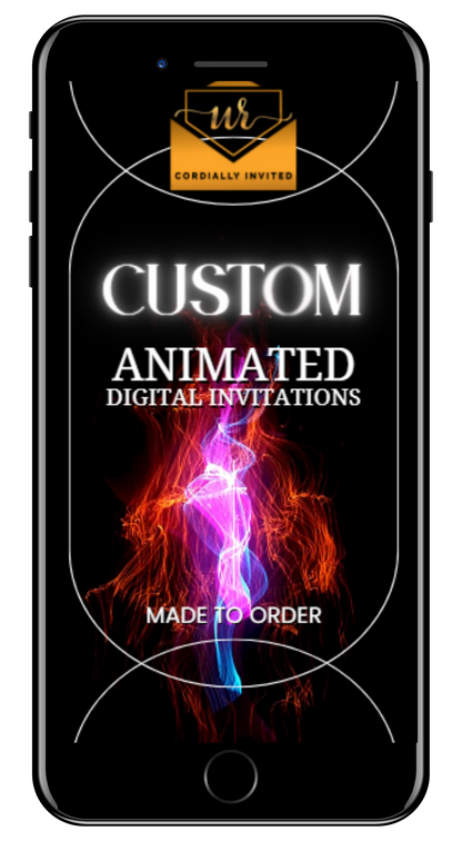 Smartphone screen mock-up displaying Custom Birthday Video Invitation with animated fiery light trails, showcasing bespoke digital invitations tailored for unique celebrations from URCordiallyInvited.