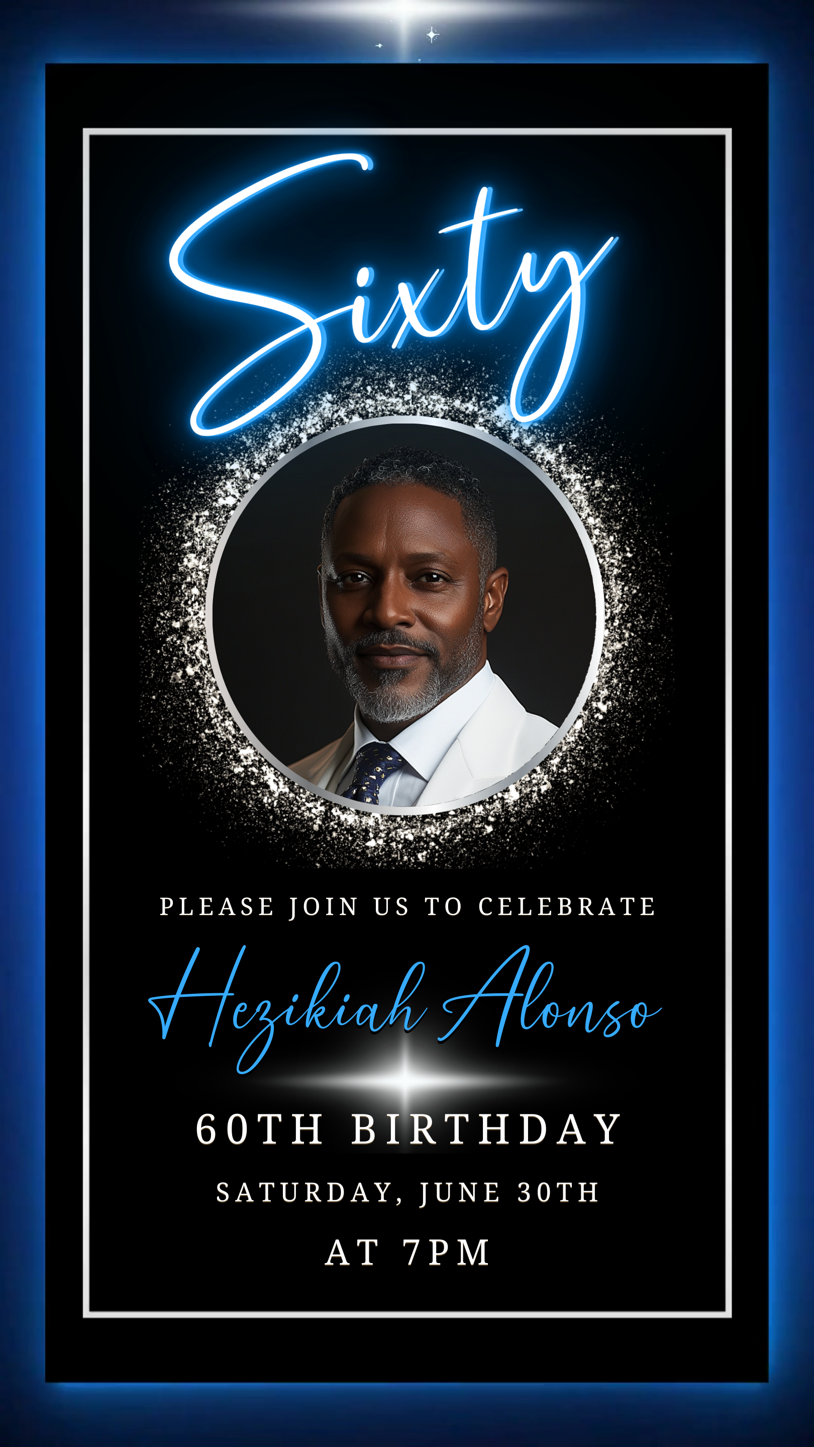 Blue & Silver 60th Birthday Video Invitation featuring a man in a suit, designed with an elegant oval photo frame for personal customization.