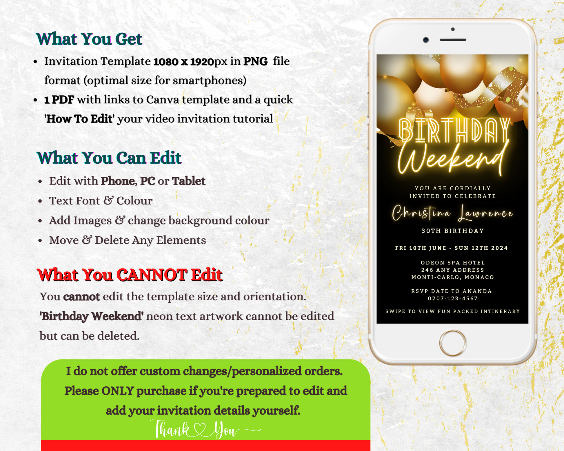 Digital Black Neon Gold Balloons Birthday Weekend Evite displayed on a smartphone screen, customizable via Canva for electronic sharing through text, email, and messenger apps.