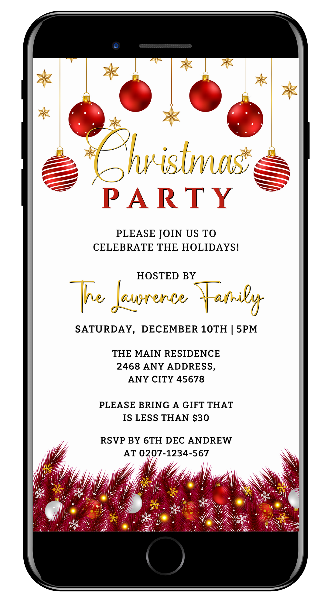 White Red Gold Ornament Christmas Party Evite, customizable digital invitation template, displayed on a smartphone with festive red and gold ornaments.