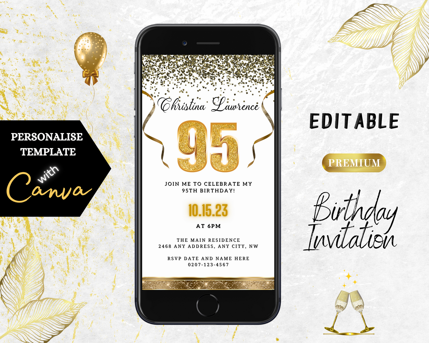 Customisable Digital White Gold Confetti 95th Birthday Evite displayed on a smartphone screen, featuring elegant gold text and decorative elements.