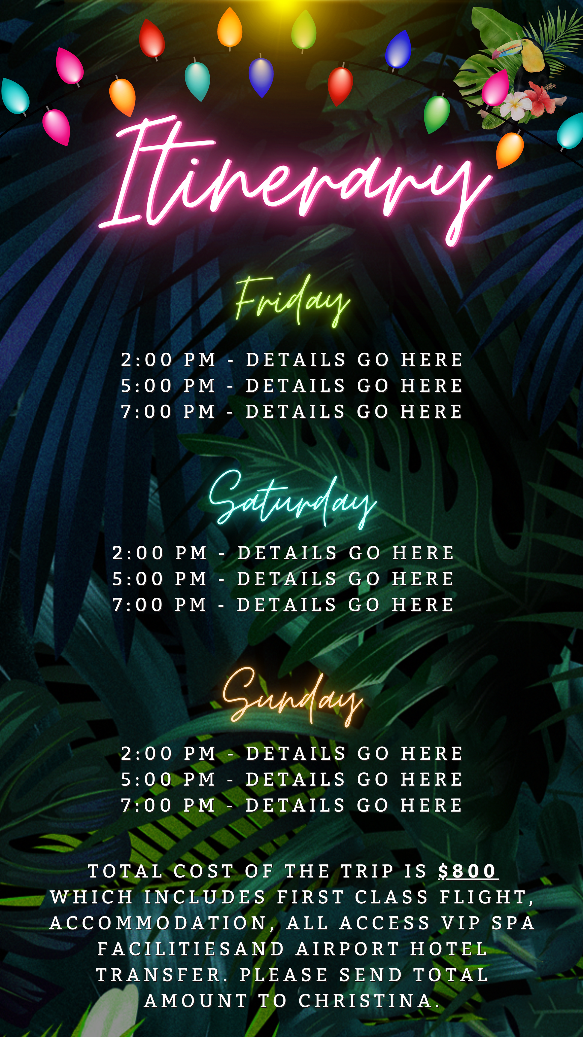 Customizable digital invitation poster with tropical neon pink theme, titled Bach That Ass Up Weekend Evite, featuring editable text and plant graphics.