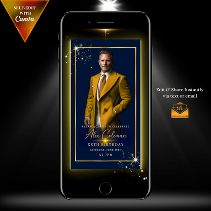 Blue Gold Neon Men’s Animated Birthday Invitation Suite With Photo